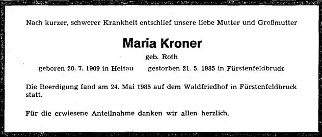 Roth Maria 1909-1985 Todesanzeige